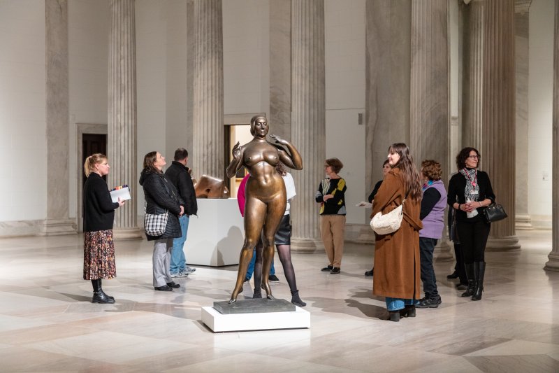 A group of adults looking at sculptures in an art gallery